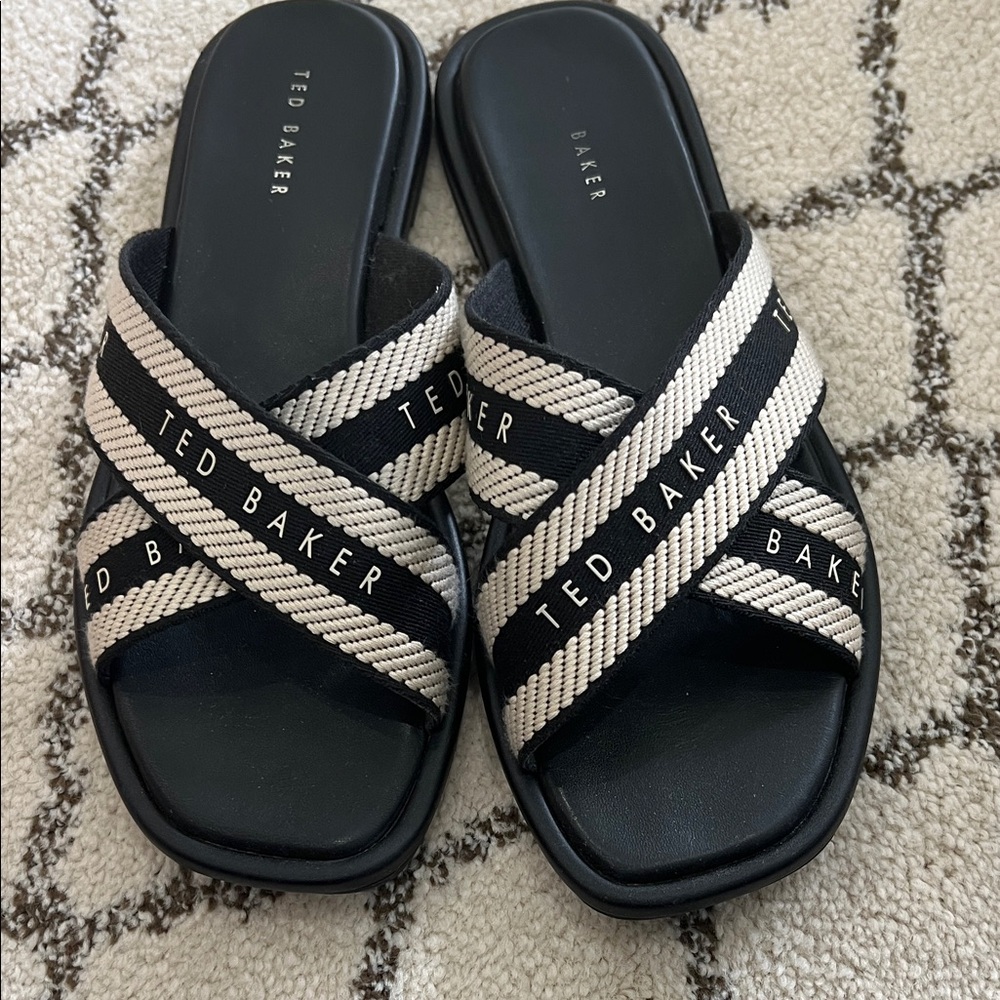 Ted Baker Black & Cream Crisscross Logo Slide Sandals